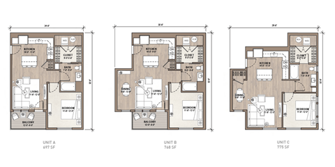 Floor plan for 1 bed, 1 bath, 775 sqft